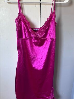 Ragstock Women's Satin Lace Slip Dress - Fuchsia Pink